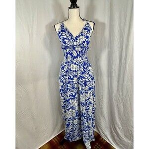 Patrons of Peace Arcadia Jumpsuit Blue White Tropical Floral Smocked Wide Leg M